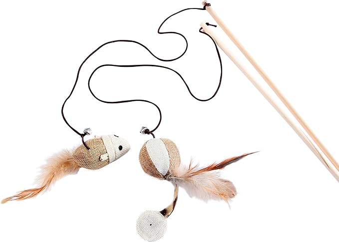 Cat Teaser Cat Kitten Toys Set Natural Sisal Wand Teasers with Mouse, Bell, Feather, Elastic String, and Sturdy Wood Rod