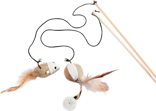 Cat Teaser Cat Kitten Toys Set Natural Sisal Wand Teasers with Mouse, Bell, Feather, Elastic String, and Sturdy Wood Rod