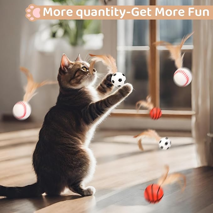 6PCS Interactive Feather Ball Toy for Cats, New Cat Bouncy Ball with Feather Tails, Elastic Cat Toy Balls for Indoor, Rolling Balls for Cats Playing Exercise