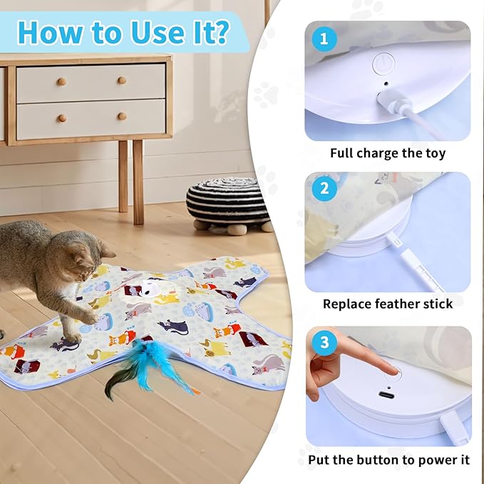 DFQ Interactive Cat Toys Chargeable,Automatic Toy for Indoor Cats with Moving Concealed Wand Feather, 2 in 1 Hide and Seek Game Cat Toy for Hunting Instincts Exercise,Bored Adult Cats Wand Toy