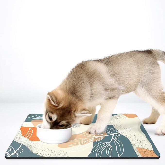 Rnivvi Dog Food Mat, 16" x 24" Boho Absorbent Dog Cat Bowl Mat for Food and Water, Cute Anti-Slip Rubber Pet Feeding Rug Protect Floors, Puppy Placemat for Feeding & Watering Supplies, Abstract Leaves