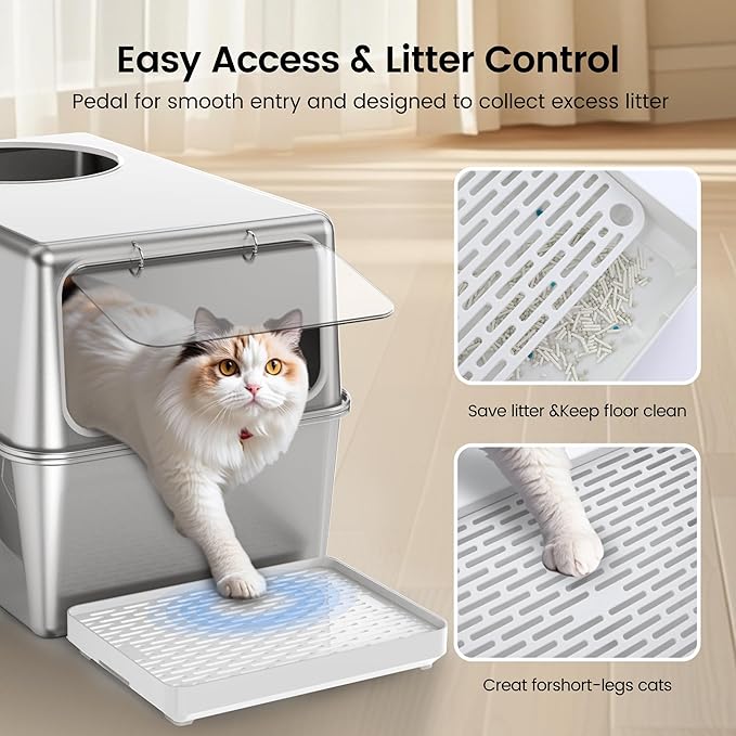 Stainless Steel Litter Box with Lid, Enclosed Metal with High Sides, Large Cat Litter Box, Dog-Proof, Odor Control, Easy to Clean,Durable with Round Edge (Frontal Opening)