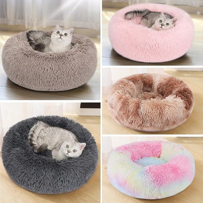 Cat Beds for Indoor Cats - Cat Bed Washable 20/24 inches, Dog Beds for Small Medium Dogs, Anti Anxiety Round Fluffy Plush Faux Fur Cat Bed, Thick Bottom (Dark, Medium)
