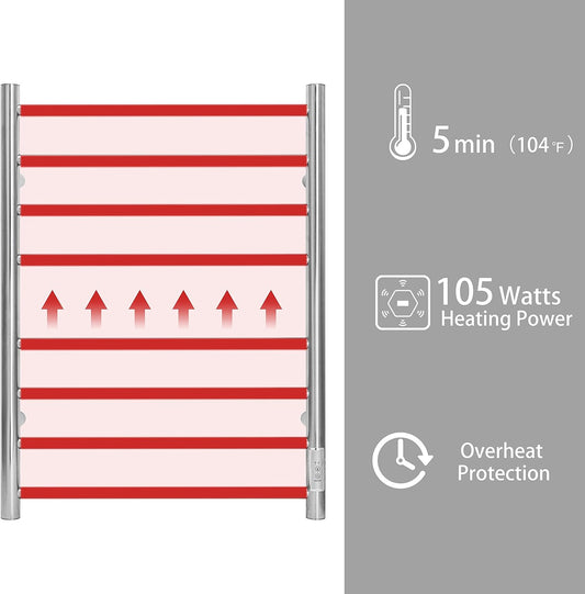 KEG Towel Warmer Wall Mounted with Built-in Timer 8 Bars Electric Stainless Steel Heated Towel Racks for Bathroom, Hot TW-8-PC Towel Warmer 8 bars polish chrome