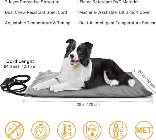 Toozey Pet Heating Pad, 6 Adjustable Temperature Dog Cat Heating Pad with Timer, Waterproof Heated Dog Bed with Chew Resistant Cord, Indoor Electric Pet Heated Mat 28x20in