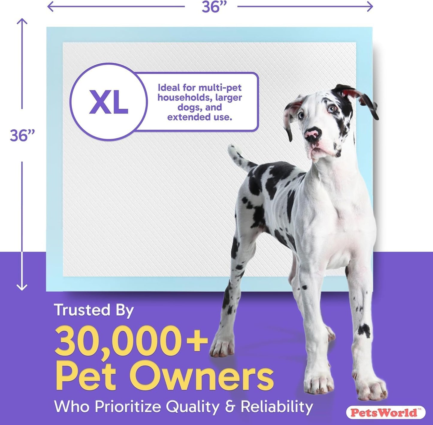 PETSWORLD Giant Dog Potty Pads, Odor-Eliminating, 36" x 36", Ultra Absorbent 5-Layer Leak-Proof Training Pads for Dogs & Cats (36x36, 2400 Count)
