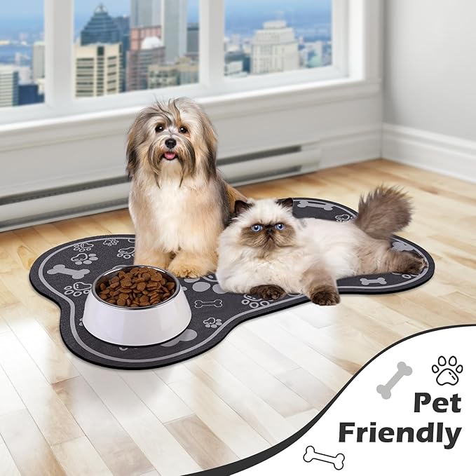Dog Cat Food Mat,Rapid Absorbent Pet Feeding Mat, Bone Shaped Dog Placemat Water Bowl Mat with Rubber Backing,No Stains Dog Cat Food Mats Indoor, Pet Accessories Supplies 12"x18" Dark Grey