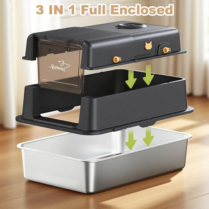 L8 Max-XXXL Stainless Steel Litter Box with Lid, Extra Large Enclosed Metal Cat Box for Large & Multi-Cats, Odor Control-Cat Litter Deodorizer, High Sided Enclosure with Scoop&Mat, Anti-Leakage-Black