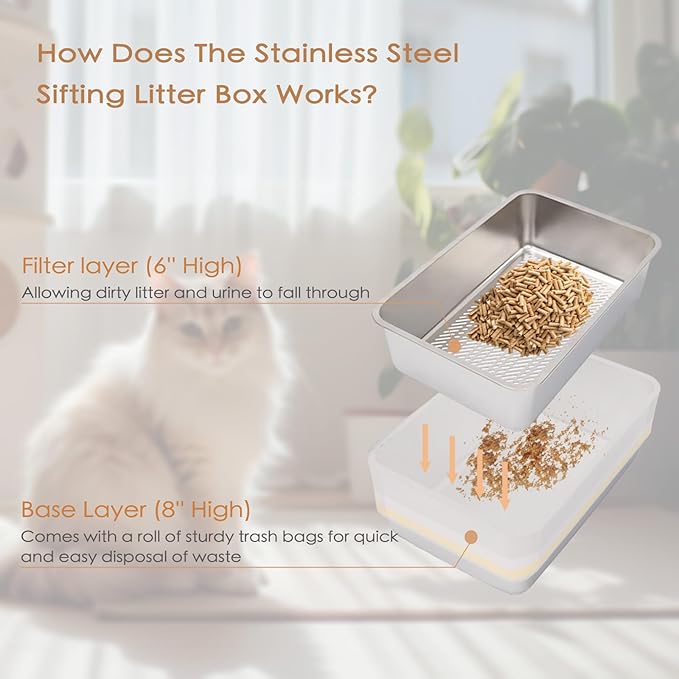 Stainless Steel Sifting Cat Litter Box, XL High-Sided, Anti-Leakage, Easy Clean, 23.6" L x 15.9" W x 8" H，Includes Scoop & Liner, Ideal for Big Cats & Pine Pellets