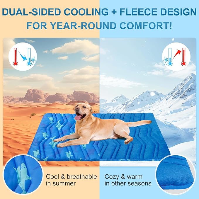 BEAUTYZOO Dog Cooling Mat- Upgraded Thicken Cooling Mat for Large Dogs Reversible(Cool & Warm) Pet Ice Cool Bed Washable & Portable, Summer Crate Pad for Big Dog Puppy Up to 44 lbs, Shark Blue 36X23IN