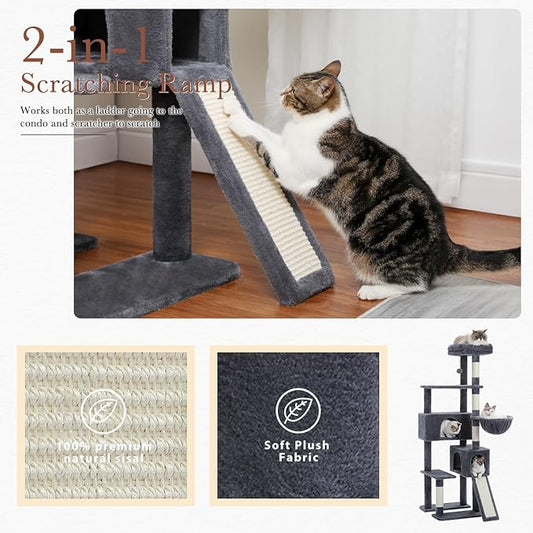 PAWZ Road Cat Tree, 60 Inches Cat Tower with Dual Condos, Spacious Perch, Cozy Basket and Sisal-Covered Scratching Posts for Indoor Cats- Dark Gray