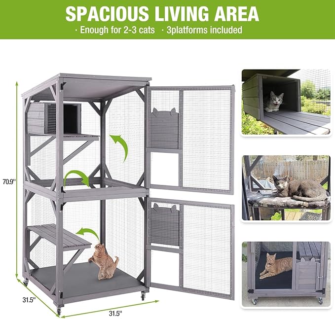 GUTINNEEN Cat House Mobile Catio for Outdoor Enclosure with Waterproof Roof Feral Cat Cage On Wheels,Bird Cage with Upgraded Resting Box,70.9"