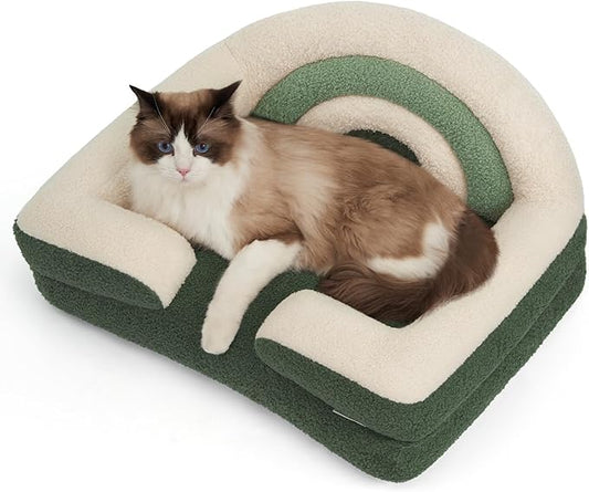 Blissful Diary Foam Cat Bed Small Size, Washable Pet Bed for Cats and Dogs, Soft Teddy Plush with Rainbow Design (Green)