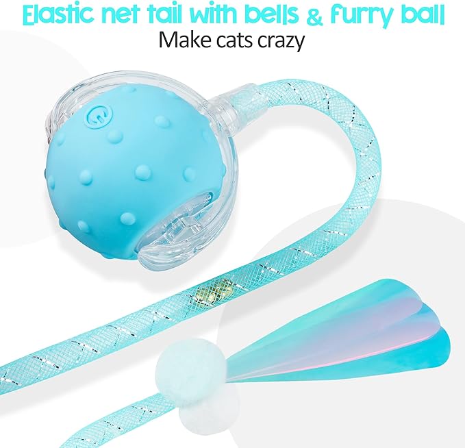 Interactive Cat Toys Ball for Indoor Cats, 2025 New Generation Automatic Moving Ball Toy with Elastic Mesh Tail, Chirping & Obstacle Avoidance and Motion Activated, Blue