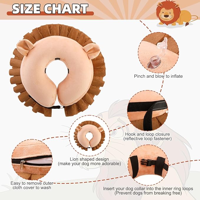 KOOLTAIL Inflatable Dog Cone Collar, Soft Dog Cone Alternative for Large Medium Small Dogs After Surgery, Adjustable Donut Neck Cone for Dogs Cats, Recovery E Collar with Enhanced Anti-Licking,Lion M