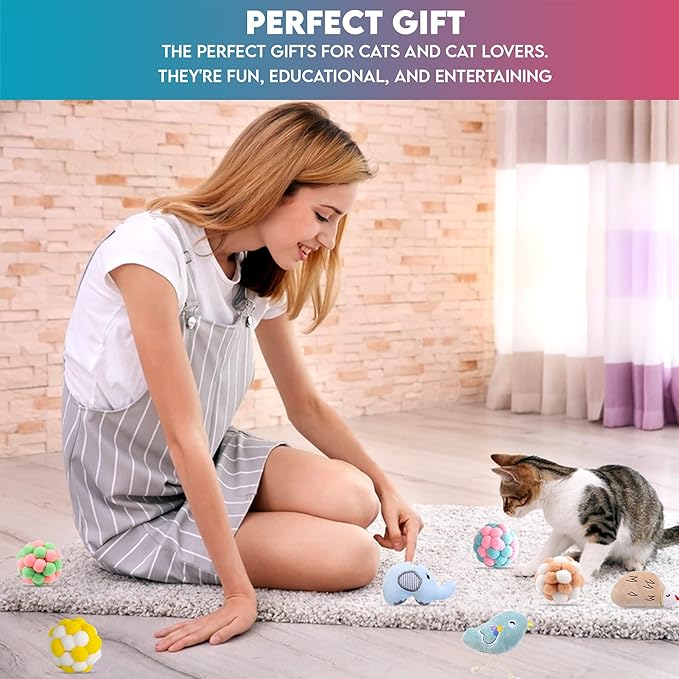9 Pcs Cat Balls & Catnip Toys Set - Cartoon Fuzzy Balls, Soft & Lightweight - Kittens Chewing, Kicker Toys - Toys for Indoor Cats - Kitten & Cat Accessories - Pack of 9