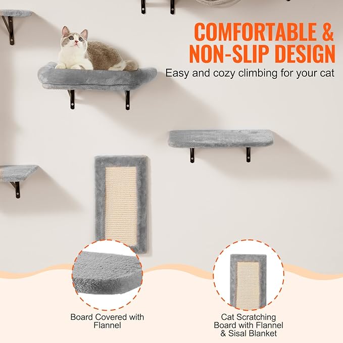 VEVOR Wall Mounted Cat Shelves, Perches with Jumping Boards, Hammock, Sofa, Cat Furniture and Shelves up to 40 lbs for Sleeping, Playing, Climbing, Set of 6