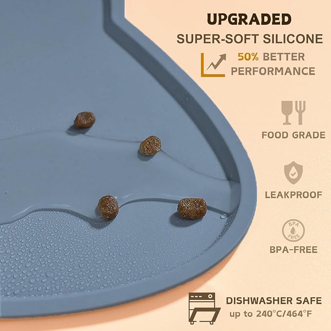 Cat Food Mat, Silicone Pet Feeding Mat for Floor Non-Slip Waterproof Dog Water Bowl Tray Cushion (20" x 12", Stone Blue)