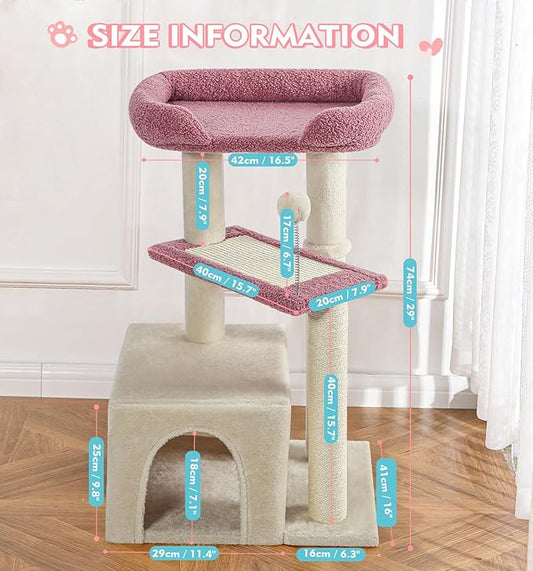Made4Pets Pink Cat Tree, Carpet Cat Tower Grey for Indoors Cats, Cute Wood Kitty Condo with Scratching Post and Pad, 29" Multi-Level Modern Activity Climbing Furniture for Small and Medium Cats