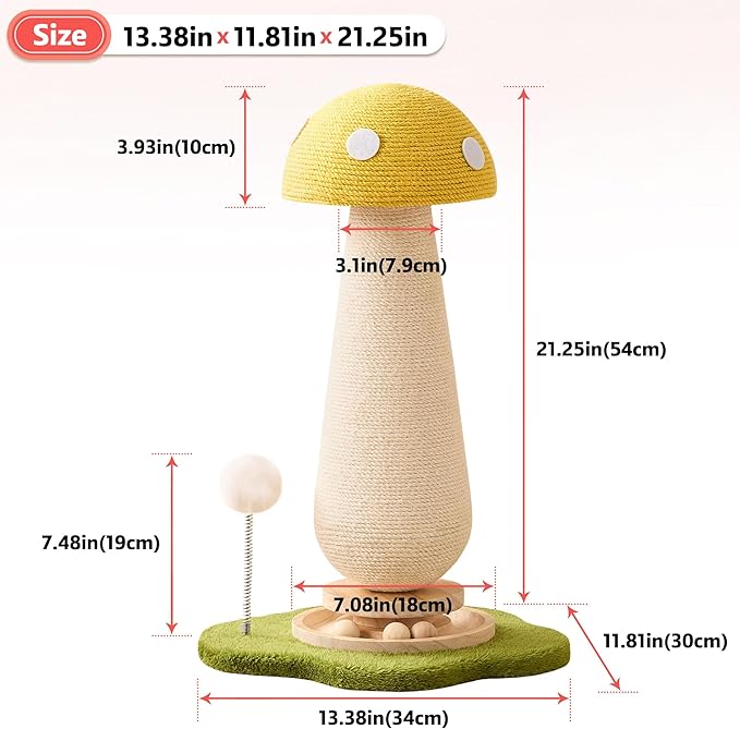 21.5‘’ H Cat Scratching Post with Catnip,Cute Mushroom Cat Scratcher Post with Durable Natural Solid Wood Turntable Toy,Lemon Yellow Mushroom Shape Cat Toy Cat Sisal Scratcher for Indoor Cats
