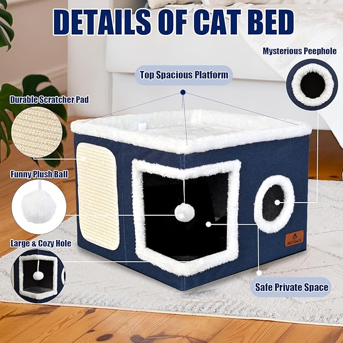 Cat Beds for Indoor Cats, Large Cat Cave Bed with Scratch Pad and Fluffy Ball, Foldable Cat Hideaway, Cat House with Reversible Cushion for Multi Small Pet Up to 30LBS, Blue