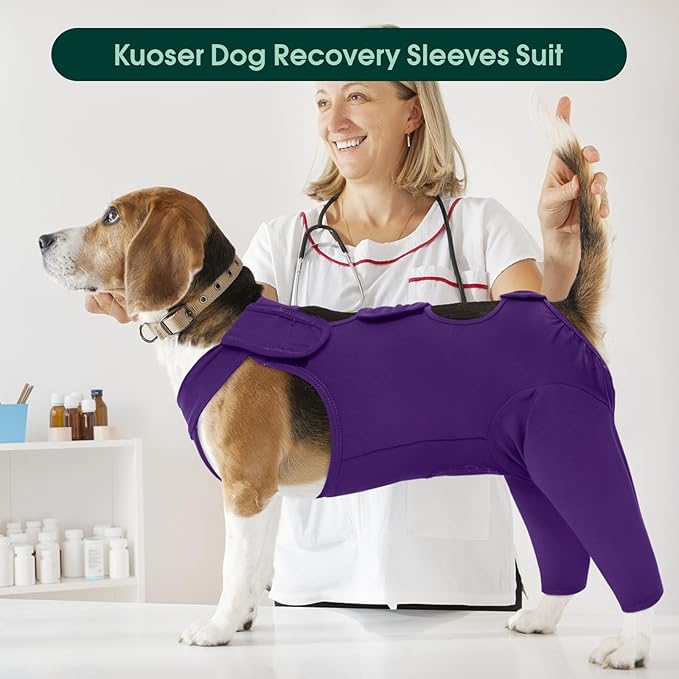 Kuoser Dog Surgery Recovery Suit for Rear Legs, Thigh Wound Protective Sleeve for Dogs, Dog Recovery Sleeve for Female Male Dogs, Dog Onesie After Surgery Pet Surgical Suit for Spay Neuter, Purple S