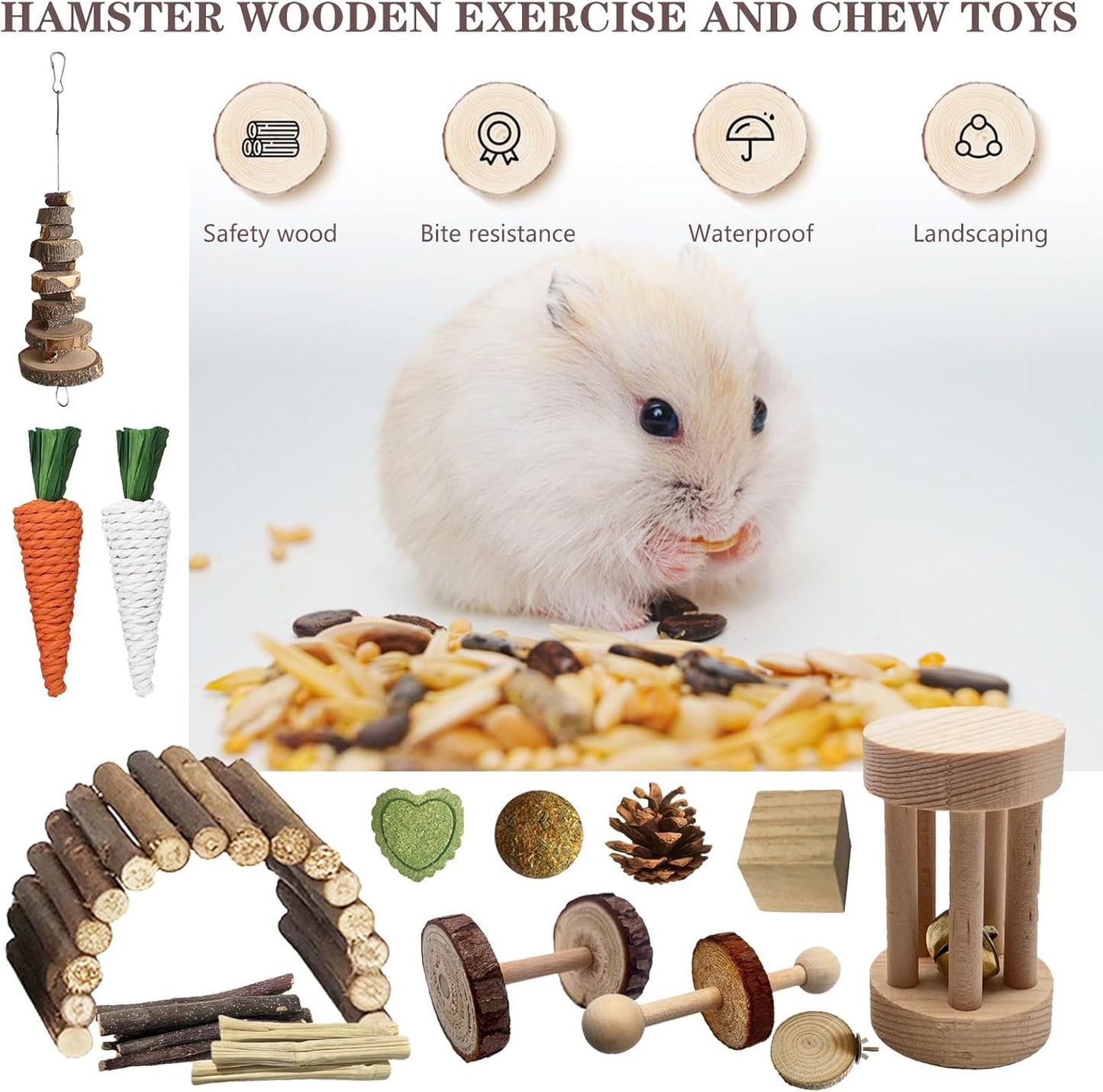 Hamster Toys Set,Guinea Pig Toys Small Animal Chewing Toy and Rat Cage Accessories, 16 Different,Hamster Small Animal Hideout ,Chinchillas, Gerbils, Rats, Rodents Teeth Care,Natural Molar Tools