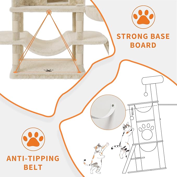 68.5 Inch Multi-Level Cat Tree, Plush Cat Tower with Condo/Sisal Scratching Posts/Hammocks/Basket/Dangling Ball/Platform, Heavy Duty Cats Tree to Play and Sleep, 2604#Beige