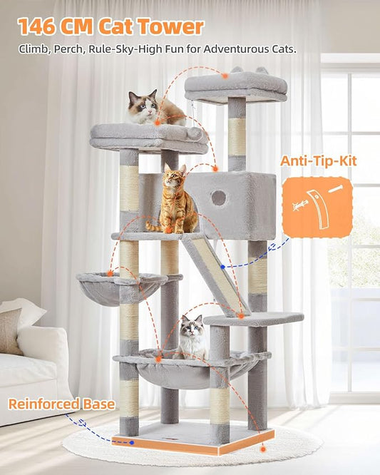 Taoqimiao Cat Tree 57.5-Inch, Cat Tower for Indoor Cats Large Adult, Extra Large Cat Condo, 8 Sisal Scratching Posts, Metal Frame Cozy Hammock, Durable Scratch Board, 2 Top Perches, Light Gray MS026W