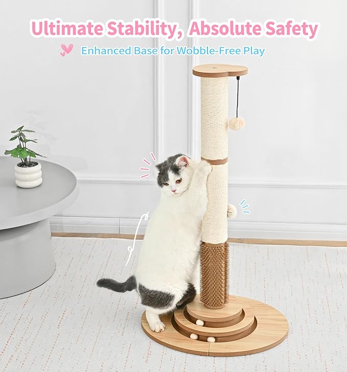 Made4Pets Cat Scratching Post Premium Sisal Cat Scratcher Kitten Toys for Indoor Kittens 33.6" Tall Cat Tower Scratch Post Cat Tree Wooden Interactive Ball Track Cat Toy with Hanging Ball, Beige