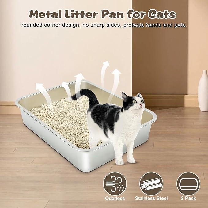 Rypet 2 Packs Stainless Steel Litter Box Metal Litter Box for Cats High Back Litter Boxes Non-Stick Cat Poop Box，Easy to Clean(17.7"*13.8"*3.9")