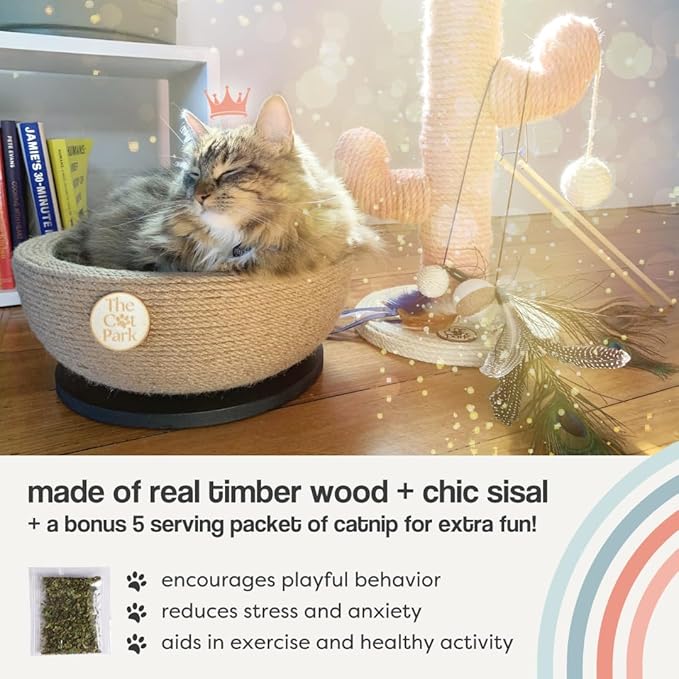 Da Bowl – 2-in-1 Sisal Cat Scratcher Bed with Catnip & Solid Wood Base for Indoor Cats, Round Scratching Nest, Jute Scratching Lounge Couch, Durable Pre-Assembled Cat Furniture, 13.8x5.9
