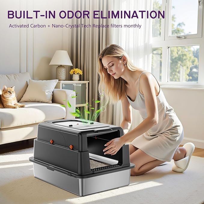 Stainless Steel Litter Box with Lid, 28" XXXL Large Cat Litter Box Enclosure for Multiple Cats, Odor Control with Carbon Filters, Anti-Leak High Sided, Includes Removable Lid & Scoop, Black