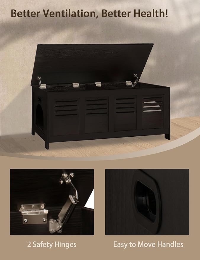 DINZI LVJ Litter Box Enclosure Furniture for 2 Cats, Top Opening Hidden Litter Box with Double Rooms, Dual Cat House with Good Ventilation, 47.2" Wooden Cat Washroom, Espresso