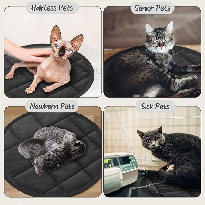 2 Pcs Cat Heating Pad Round 16 Inch Self Heating Cat Mat Washable Heated Bed Anti Slip Warming Pad Pet Bed Mat for Kennel Dog Crate Indoor Outdoor(Black,16 Inch)