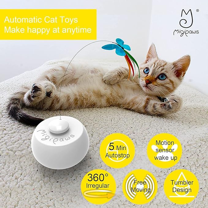 Migipaws Interactive Cat Toys, Butterfly & Feather Kitten Toy,Automatic Spinning Ball for Indoor Bored Cats,Self Play Intelligent Touch Senser, 3 Replacements