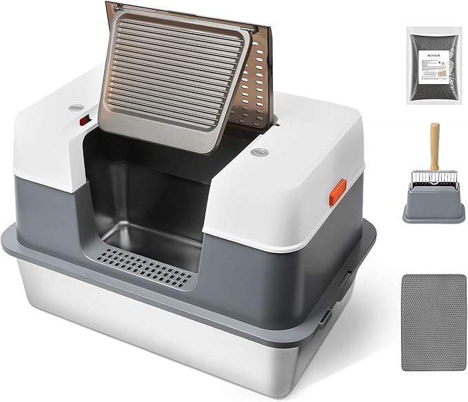 Stainless Steel Cat Litter Box Enclosed with Lid，Covered Metal Kitty Litter Box with Litter Mat and Odor Reduction Pack(2kg), Metal Scoop，Switchable Design, Easy Clean，Odor-Control, Leak-Proof