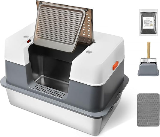 Stainless Steel Cat Litter Box Enclosed with Lid，Covered Metal Kitty Litter Box with Litter Mat and Odor Reduction Pack(2kg), Metal Scoop，Switchable Design, Easy Clean，Odor-Control, Leak-Proof