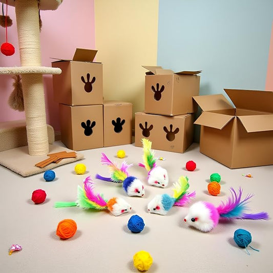 10 Pcs Colorful Soft Fleece False Mouse Cat Toys Colorful Feather Funny Playing Mice Toy Xmas Gifts