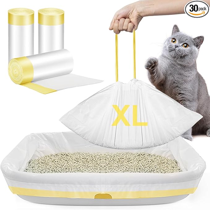 30 Pack Jumbo Cat Litter Liners 37" x 18" Heavy Duty Cats Litter Bags Extra Thick Litter Pan Liners Large Cat Box Liners with Drawstring Disposable Strong Plastic Pet Kitty Litter Bags