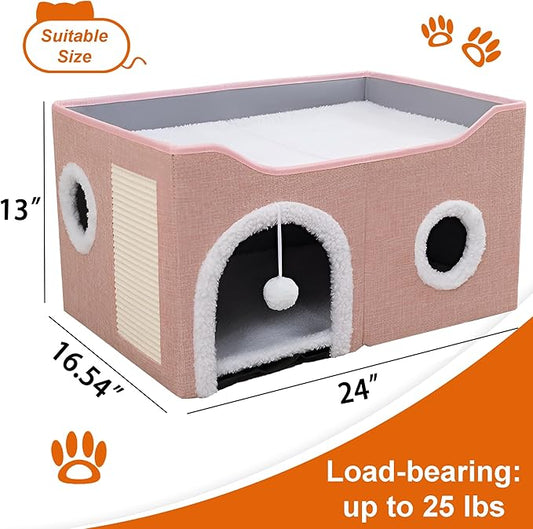 Cat Houses for Indoor Cats - Large Cat Bed Cave with Scratch Pad and Fluffy Ball, Foldable Cat Condo Hideaway with Reversible Cushion for Multi Small Pet, Pink