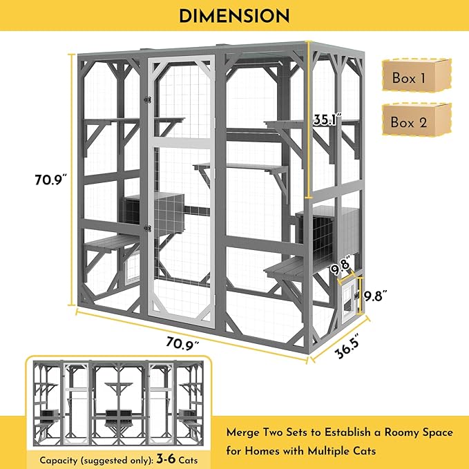 Outdoor Catio Cat Enclosures - Extra Large Wooden Outdoor Cat House Enclosure Weatherproof with Multi Platforms & Lounge Boxes, Indoor Interoperability - 71 Inch H