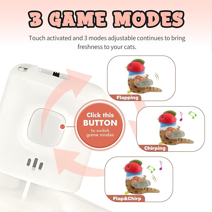 Cat Toys, Flapping Wings Cute Pheasant, No Flying, Chirping Bird Interactive Catnip Toy for Kitten or Small Dogs, Touch Activated, Rechargable