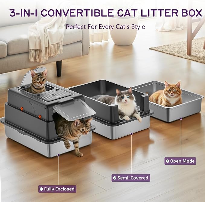 Stainless Steel Litter Box with Lid, 28" XXXL Large Cat Litter Box Enclosure for Multiple Cats, Odor Control with Carbon Filters, Anti-Leak High Sided, Includes Removable Lid & Scoop, Black