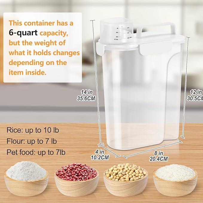 Dog Cat Food Storage Container, 5-7 Lbs Airtight Pet Food Storage Container with Easy-Pouring Spout and Portable Handle, Bird Seed Dispenser, Kitchen Organizer for Rice Cereal Flour -White