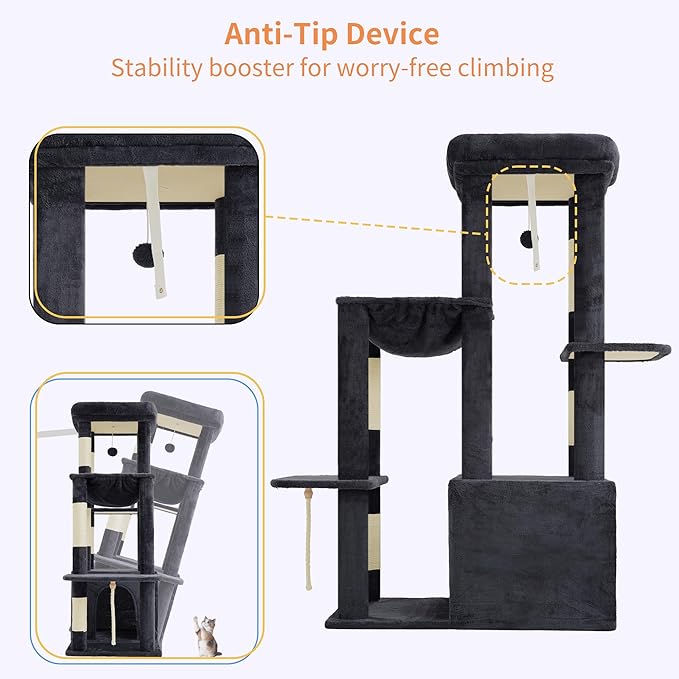 Heybly Heavy Duty Cat Tree, Tower for Indoor Cats Large Adult, Tall Cat Condo House with Extra-Large Baseboard, Multi-Level Plush Furniture with Scratching Posts, Hammock, Toy Ball, Smoky Gray HCT026G