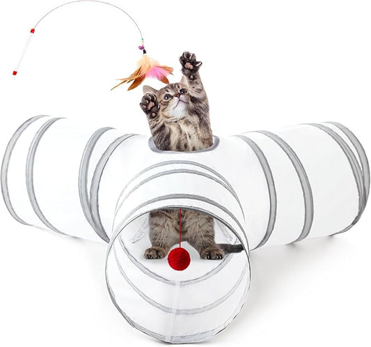 Love's cabin Cat Tunnel Tube Toys 3 Way Collapsible, Cat Tunnels for Indoor Cats，Kitten Tunnel Bored Pet Play Tunnel with Peek Hole Toy Ball for Kitty, Kitten, Rabbit, Light Gray&Gray
