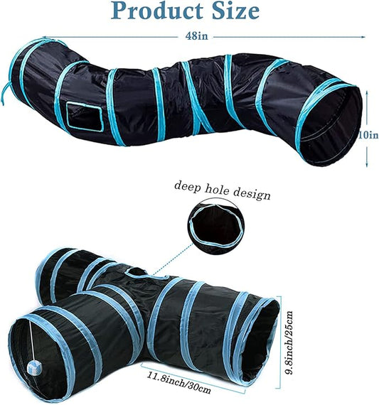 Cat Tunnel Tube, Long Collapsible Tunnels Indoor with Peek Hole, 2pack S-Shaped & 3Way Tubes Maze Play Toy Black for Cat Kitten Kitty Rabbit