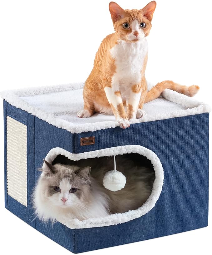 Cat Bed for Indoor Cats Cube House, Covered Cat Cave Beds & Furniture with Scratch Pad and Hideaway Tent, Cute Modern Cat Condo for Multi Small Pet Large Kitten Kitty, Navy