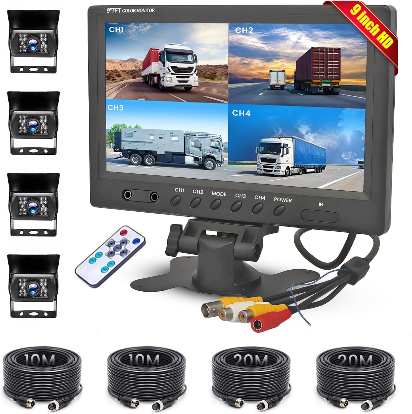 Hikity Backup Camera with Monitor Kit, 9‘’ Car Rear View Monitor with Waterproof 18 IR LED Night Vision Reverse Camera + 4 Pins Connector Cable Backup Camera System for RV Bus Trailer Truck
